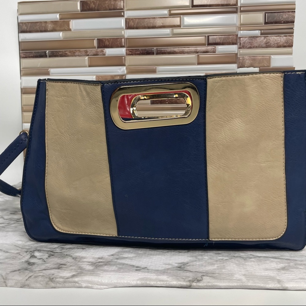 Blue Cream Colorblock Tote Bag Gold Handle Accent Shoulder Purse